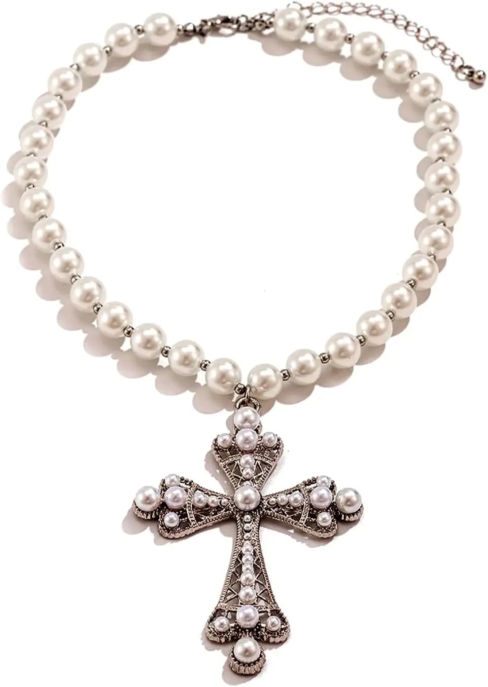 Collana con Croce di Perle di Cristallo, Collana con Ciondolo di Perle Finte Stile Punk, Gioielli Vintage con Crocifisso in Strass per Donne