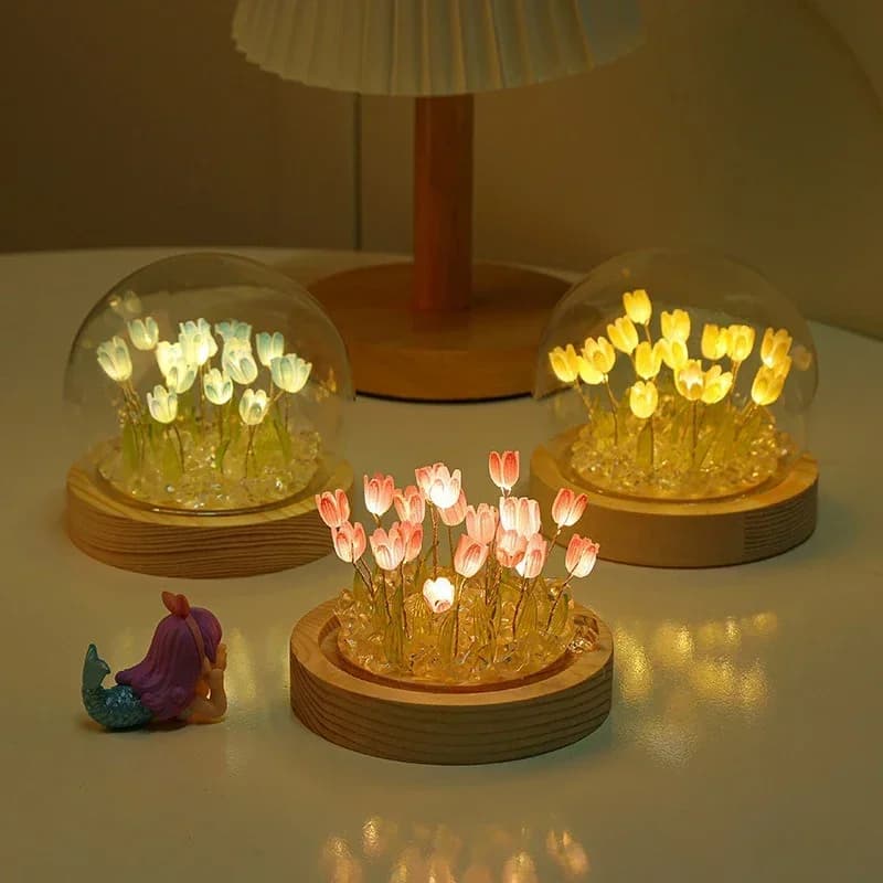 Lampada da Notte a LED a Forma di Tulipano Artificiale, Ornamento Fatto a Mano, Lampada da Comodino Fai-da-Te, Decorazione per Camera da Letto, Regalo di Compleanno, Lampada da Tavolo