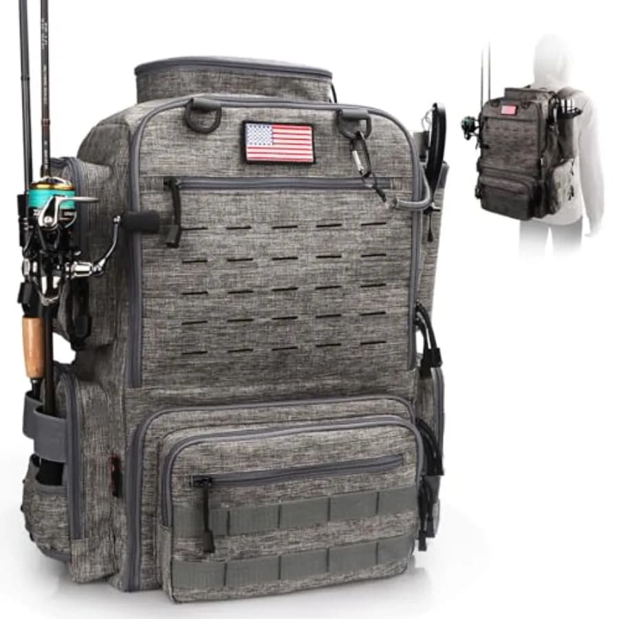 Fishing Backpack with Candle Holder for 4 Tool Boxes, 45L Waterproof Bag for Fishing Equipment, Grey Tempest, Ideal for Men and Women
