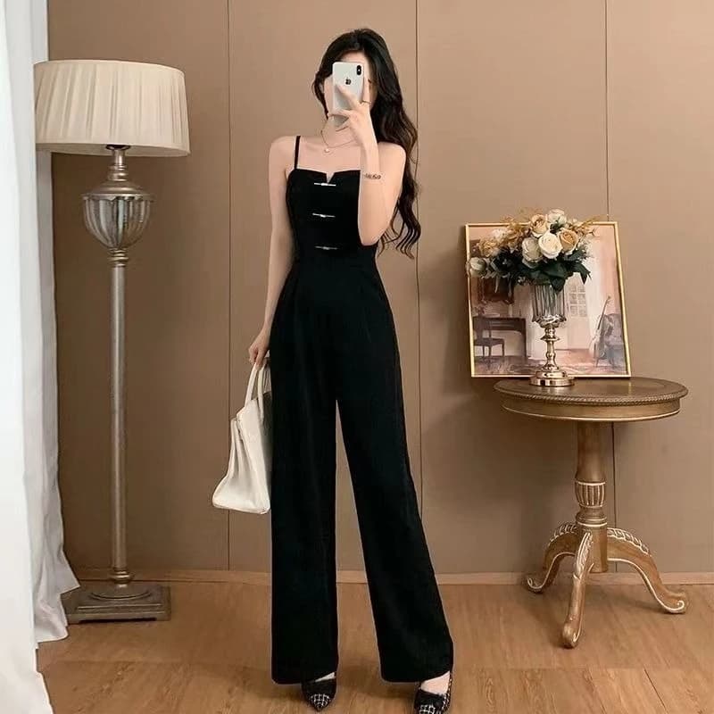 Tuta Estiva Senza Spalline da Donna Stile Francese Aderente con Pantaloni Larghi Lunghi Design Carino con Cintura in Vita Romper Casual