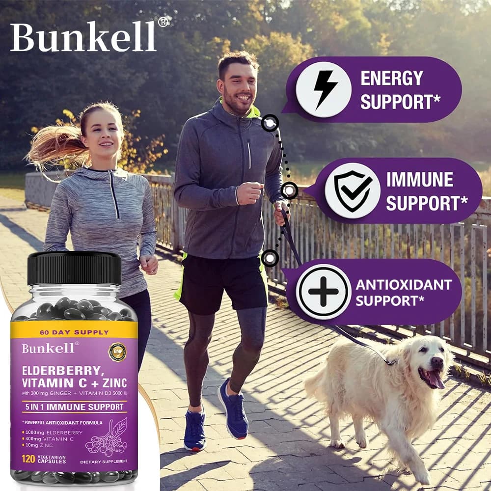 Bunkell immune support supplement for elder, vitamin C, zinc and ginger, daily immune support 4 in 1 for adults