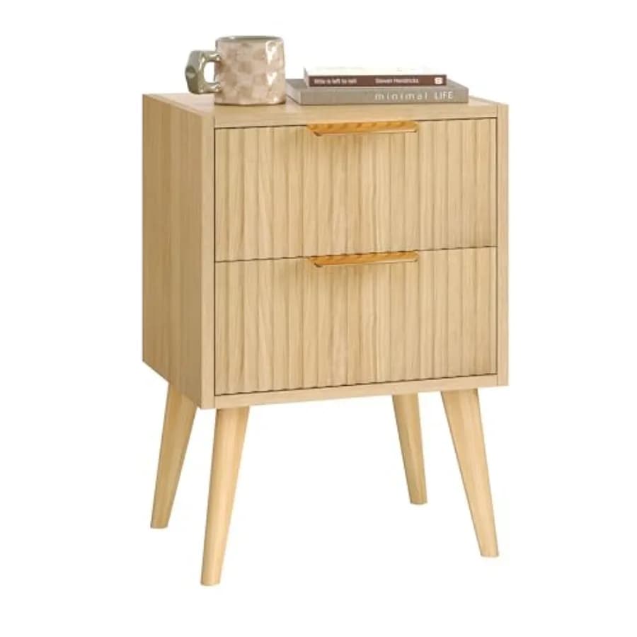 Comodino Scanalato in Legno Naturale Chiaro con Gambe in Legno Massello, Tavolino Compatto per Camera da Letto o Piccoli Spazi