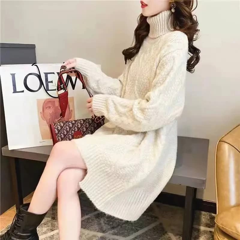 Maglione pullover lungo a collo alto da donna, gonna a maglia ampia, top selvaggi, moda elegante, tinta unita, autunno, inverno, nuovo