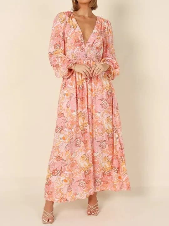 Abito Bohemien a Maniche Lunghe con Scollo a V Profondo, Stampa Floreale, Sexy, Senza Schienale, con Cintura in Vita, Stile Bohemien, Vita Alta, Morbido e Confortevole