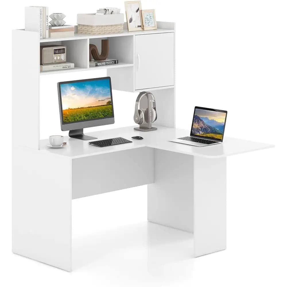 Scrivania a L con ripiano superiore, scrivania per computer con scaffali e armadietto, tavolo da studio o ufficio, postazione di lavoro per laptop e PC