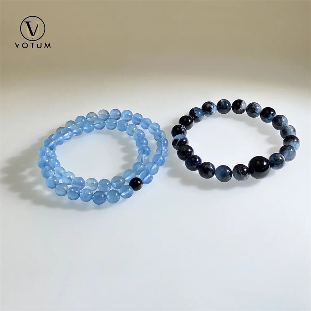 Set di Bracciali in Acquamarina Naturale Votum per Coppie, Donne e Uomini, Bracciali in Pietre Semipreziose, Regalo Personalizzato, Gioielli con Perline Blu