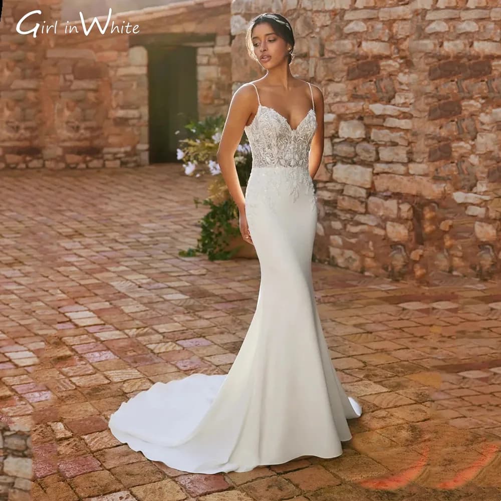 Abiti da sposa sexy a sirena con cinturino per spaghetti aperti sul retro Sirena Abiti da sposa personalizzati Sweep Train Abito da sposa Abiti da sposa