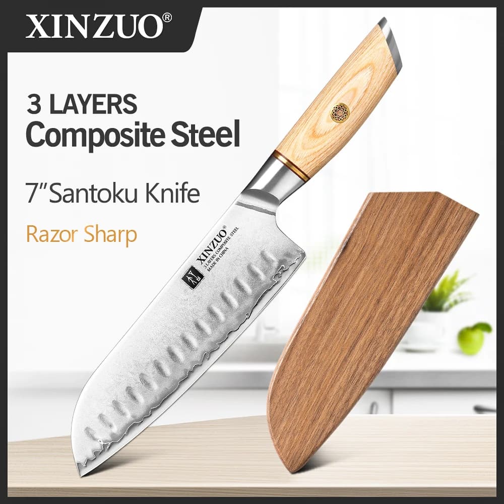 XINZUO 7 ''pollici Pro Santok high carbon forged knife 10Cr15CoMoV composite steel core stainless steel kitchen knives with Pakkawood handle