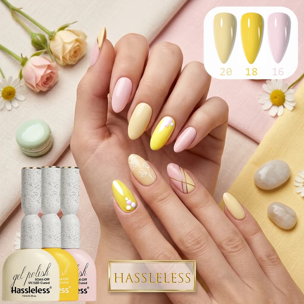 Kit Gel Nail Polish 3 Colors Macaron Blush Yellow Nude, Soak-Off LED Gel without Complications for Nail Design with Flowers, Points and Lines