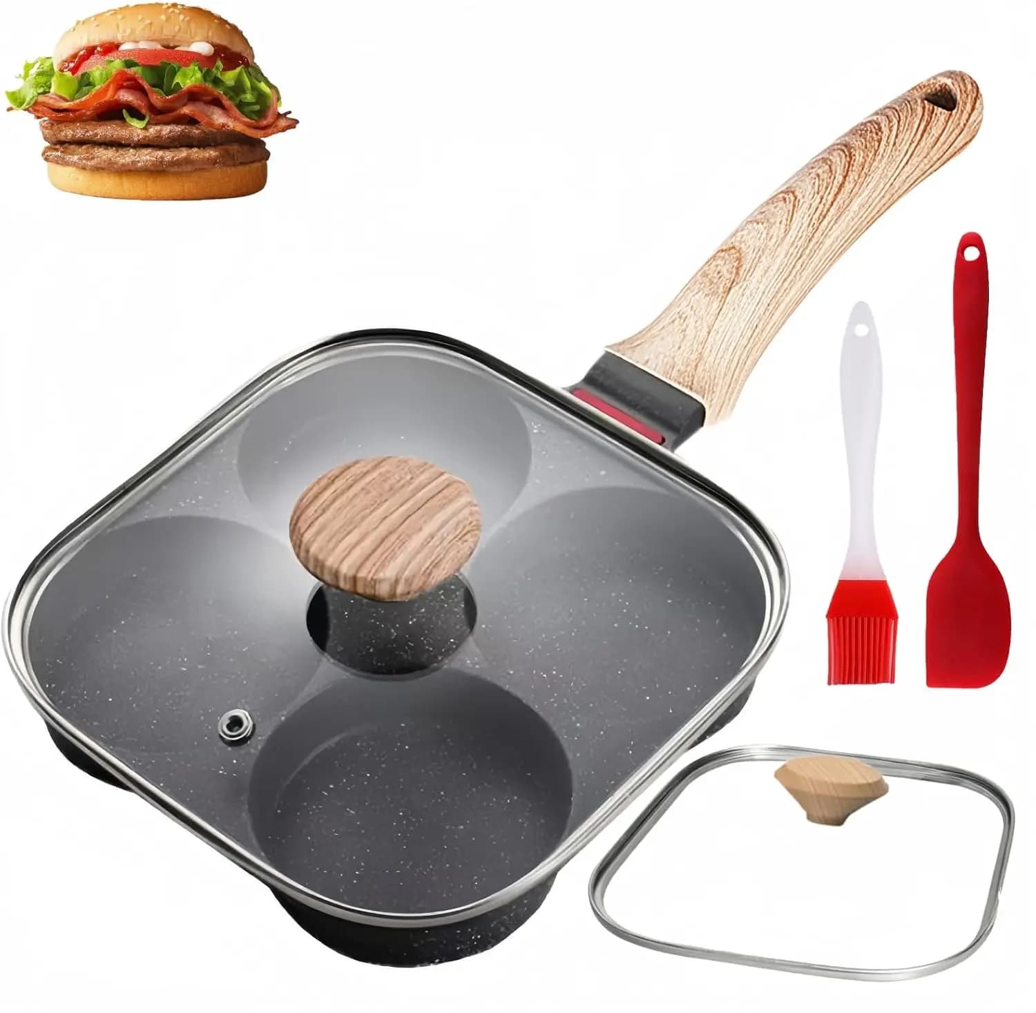 4-Cup Nonstick Egg Pan with Lid, Granite Frying Pan for Breakfast, Eggs, Pancakes, Crepes, Compatible with Gas & Induction