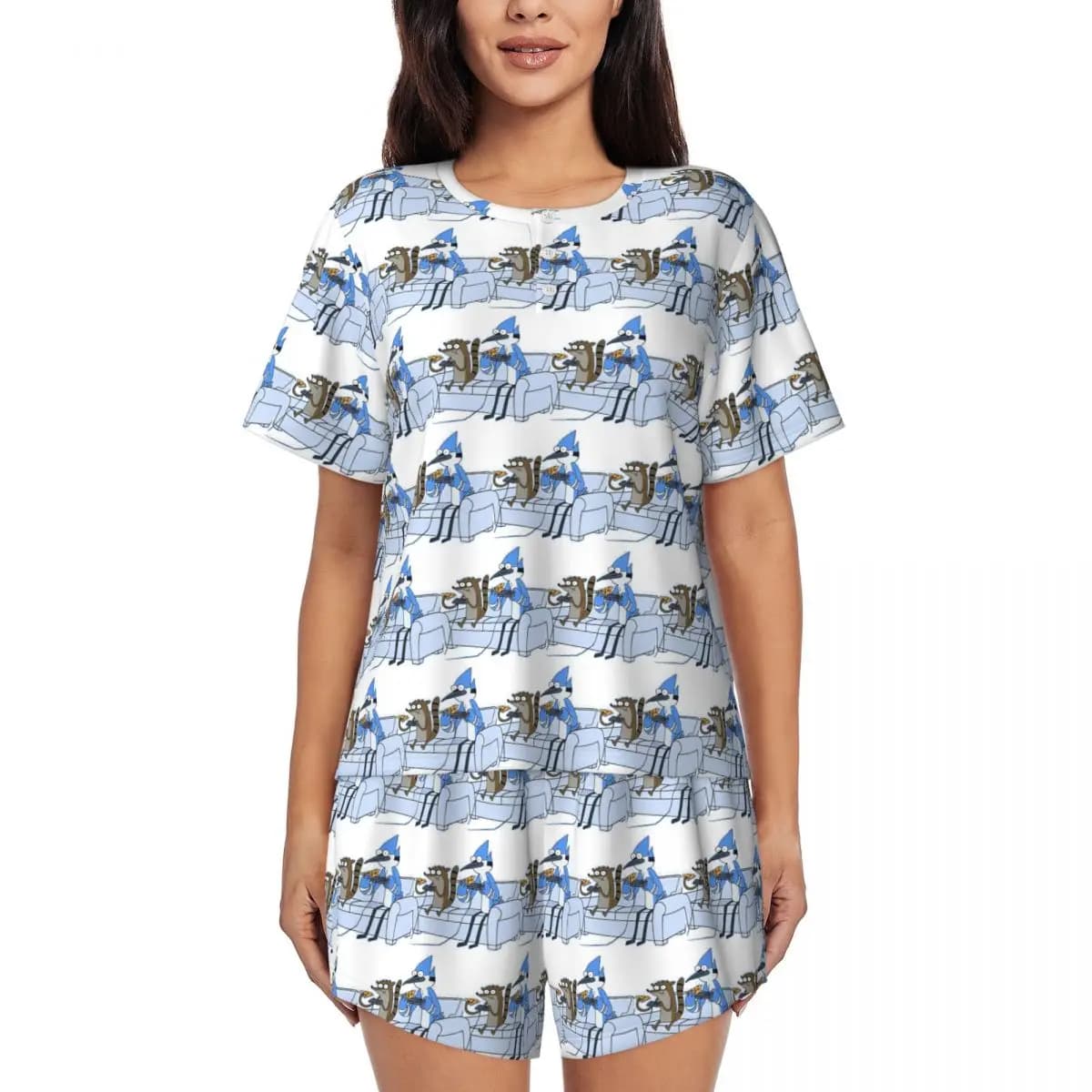 Mordecai And Rigby Camicie da notte a maniche corte con scollo rotondo per pizza e videogiochi, per dormire, pigiama ampio da donna, pantaloni corti