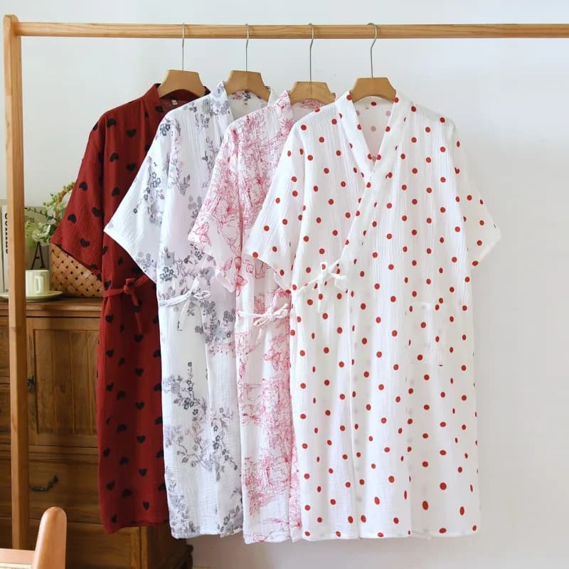 Spring Summer Women Robe Ladies 100% Cotton Crepe Bathrobe Female Sweet Short Sleeve Dressing Gown Robes Japnese Home Clothes