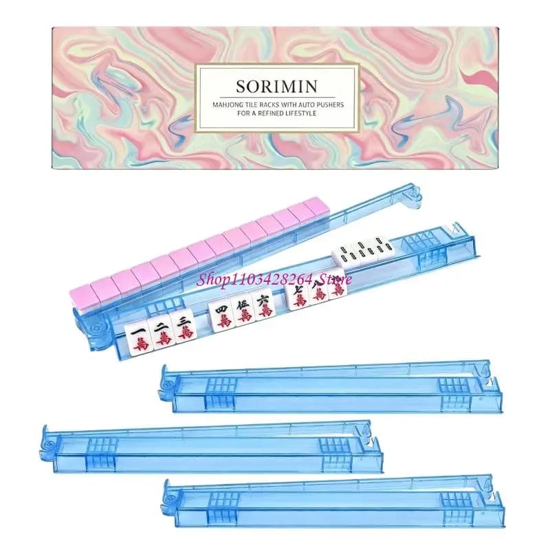 NonSlip Acrylic Mahjong Tile Racks with Pusher Set Of 4 Tile Gaming Accessories