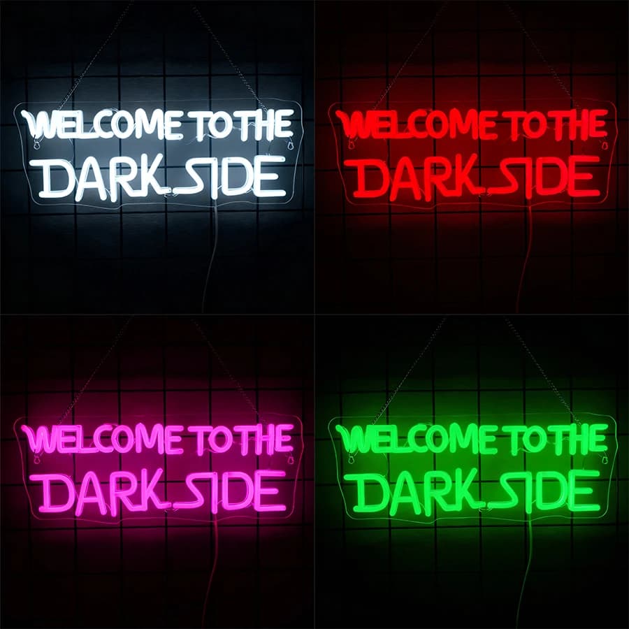 Benvenuti al lato oscuro Insegna al neon a LED, icona di lettere, alimentata tramite USB, adatta per camera da letto, sala giochi, club, bar, decorazioni per grotte dell'uomo.