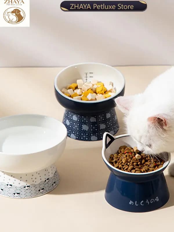 ZHAYA Japanese Style Ceramic Cat Dog Bowl Double Dish Water Feeder for Kitty Pet Food Container with Non Slip Base