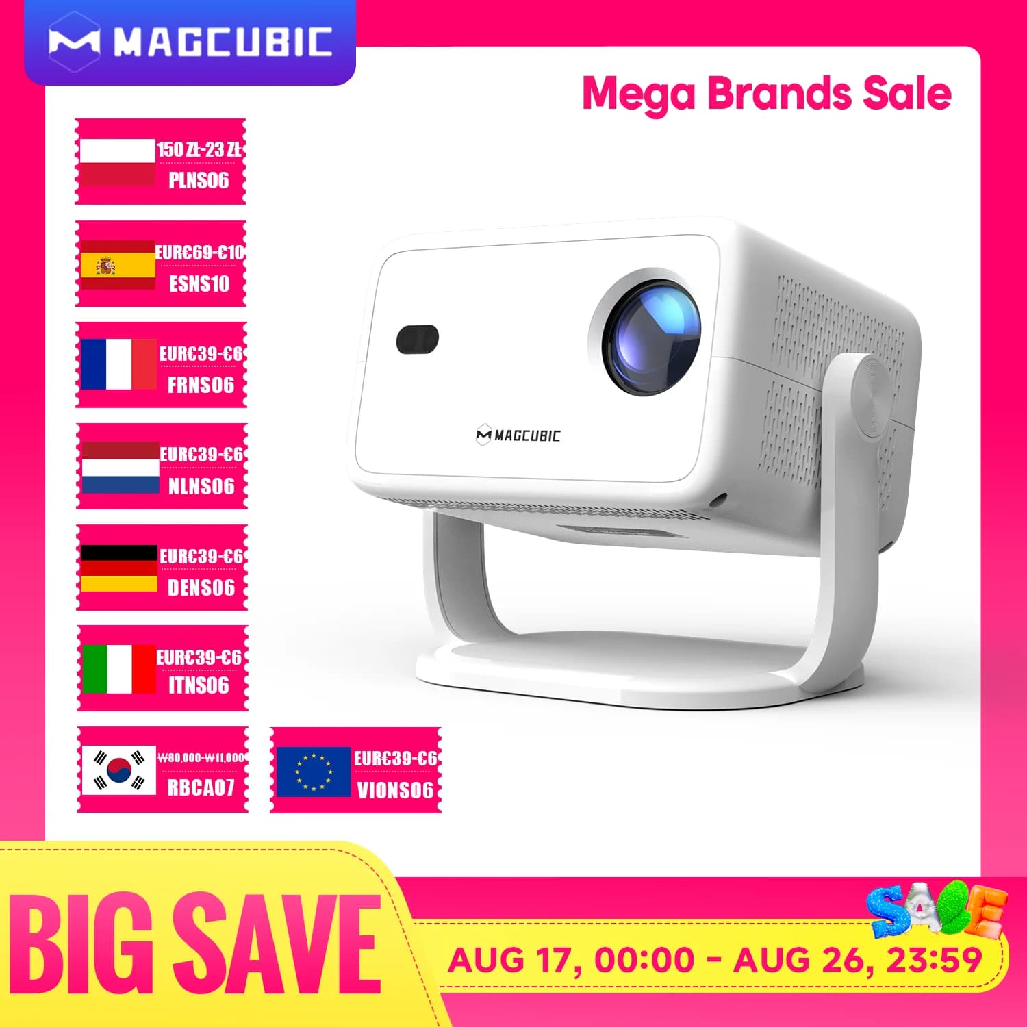 Magcubico Nativo 1080P 650ANSI 8K Android 14 L018 360 ° Projector with automatic focus Keystone Air Mouse Wifi6 BT5.4 portable outdoor