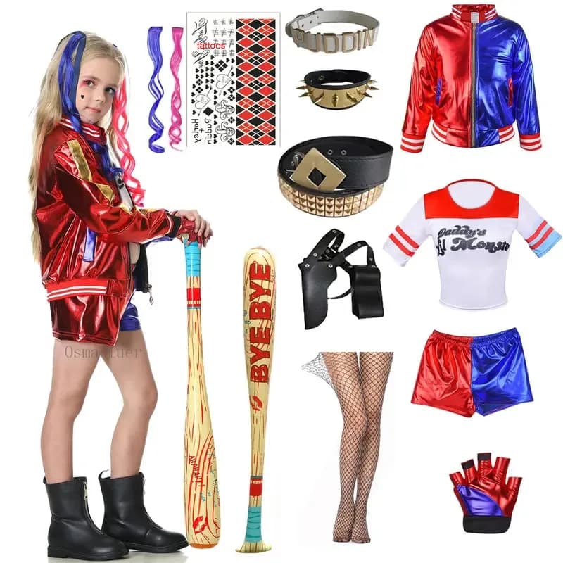 Cosplay Ragazze Suicide Quinn Costume Cosplay Harley Giacca cucita Pantaloncini Camicia Guanto Accessori Kids Squad Purim Hallo Cosplay