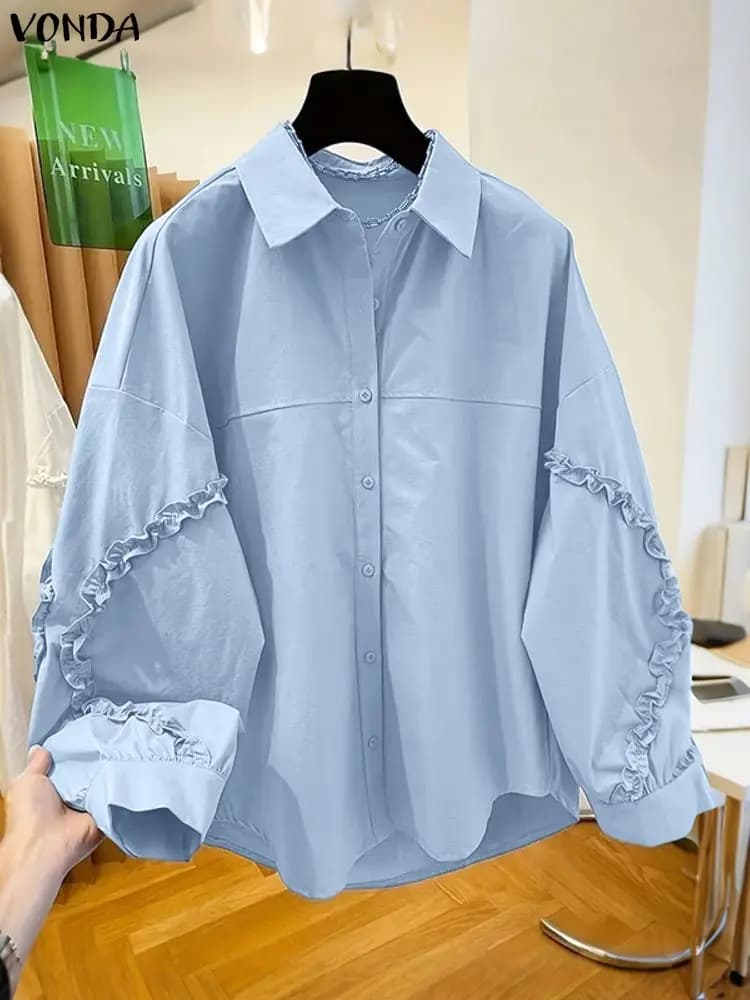 Plus Size 5XL VONDA Women's Fashion Shirts Long Sleeve Shirts Lantern 2025 Autumn Solid Craped Tunica Top Casual Blusas loose