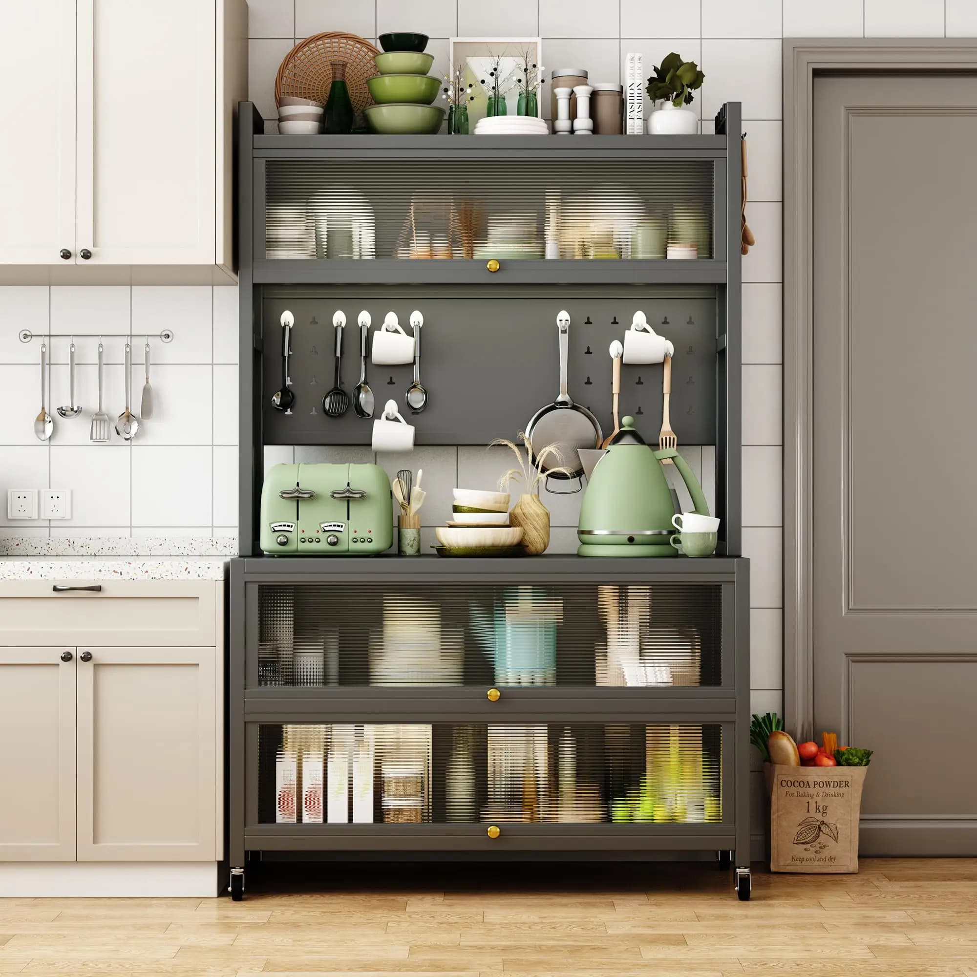 Dark Gray 65-Inch Rolling Kitchen Organizer With Frosted Glass Cabinets, Pegboard Back, Drawers, Open Shelf, And Appliance