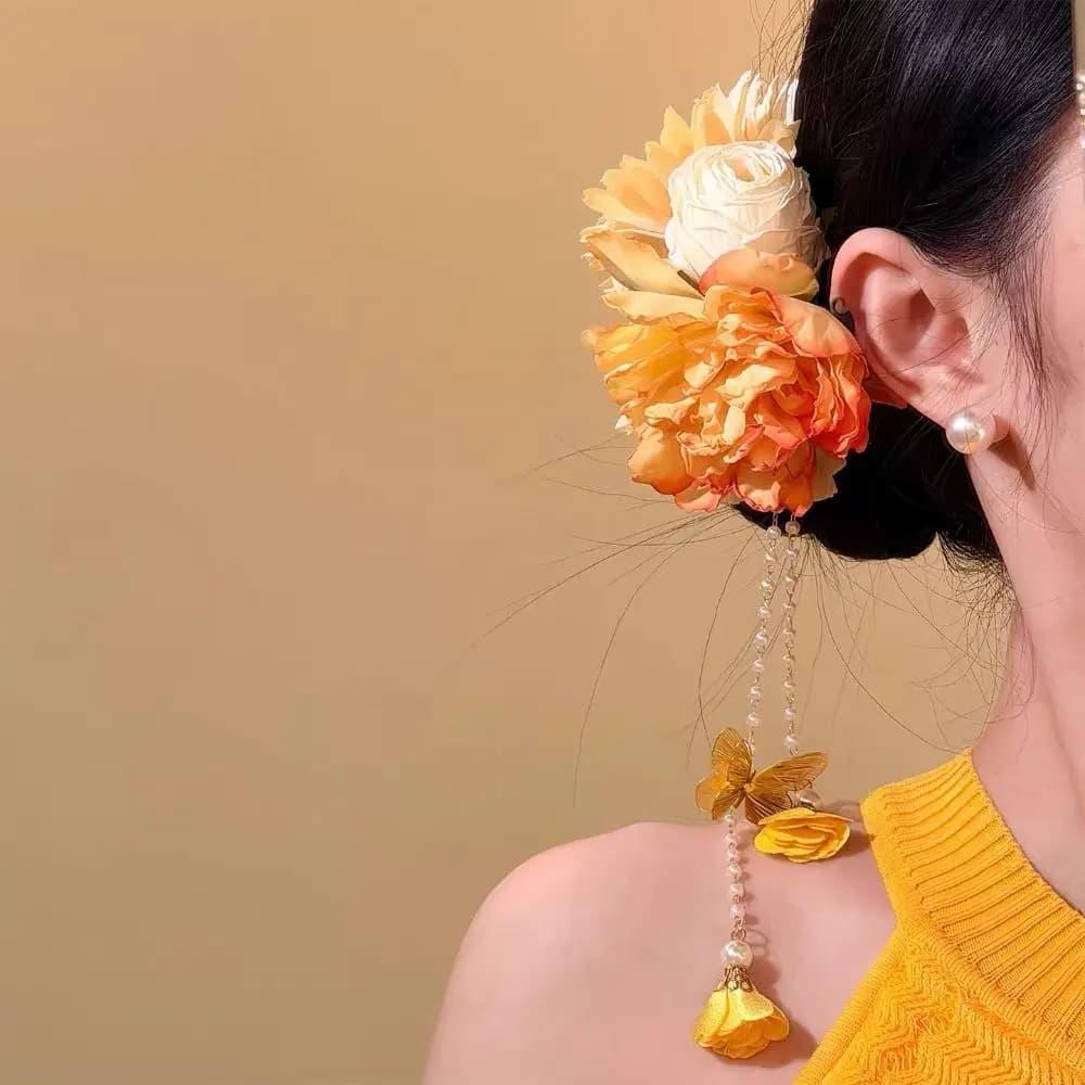Accessori per Capelli Hanfu con Nappine, Copricapo in Stile Antico, Fermaglio per Capelli in Stile Cinese, Clip Laterale, Decorazioni per Capelli, Fermaglio a Fiore, Cheongsam