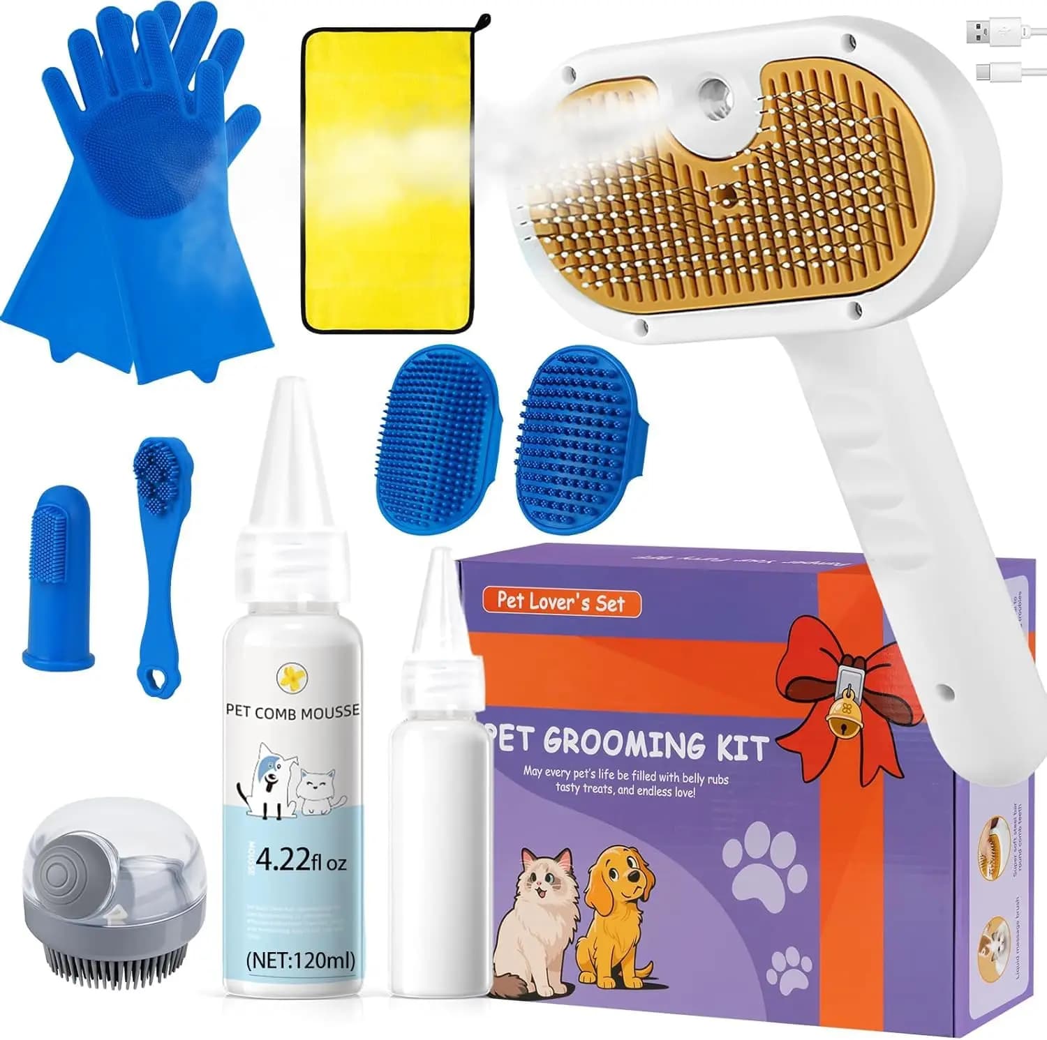 Set di Spazzole a Vapore per Cani e Gatti, 11 Pezzi con Pettine Spray Autopulente, Shampoo Senz'Acqua e Altro