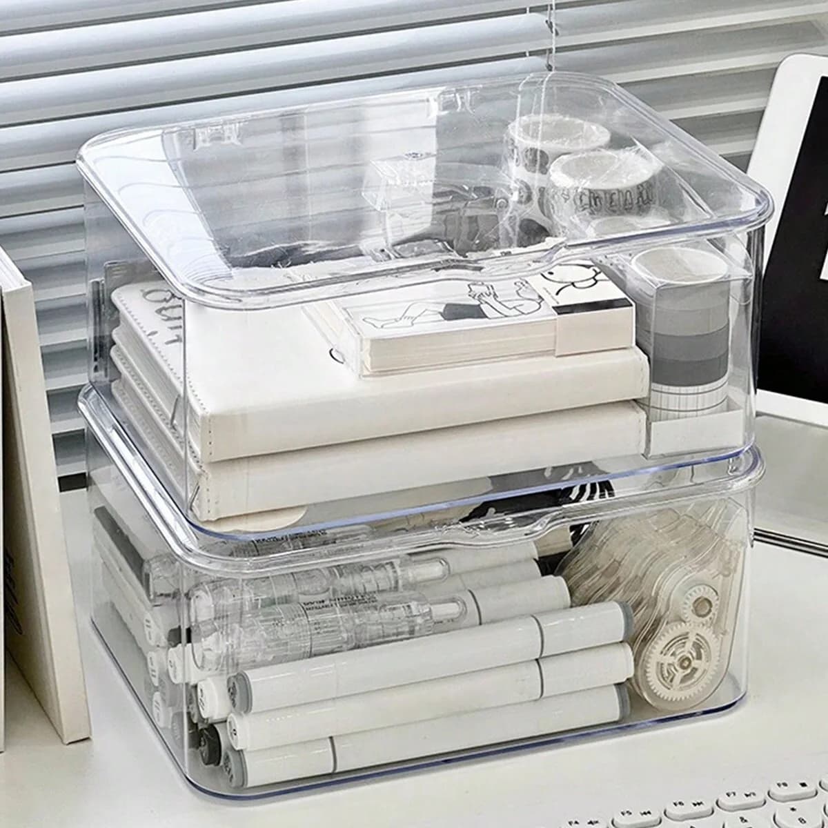 Scatola portaoggetti in acrilico trasparente con design a conchiglia per elementi essenziali per l'home office con portaoggetti multiuso per organizzatori di cancelleria