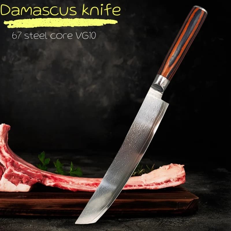 Japanese Chef knife in Damascus steel at 67 Roads, Forged in a Unique Piece, Sharpening Duration, for Sushi, Threading and Cutting Fish, Kitchen Tools