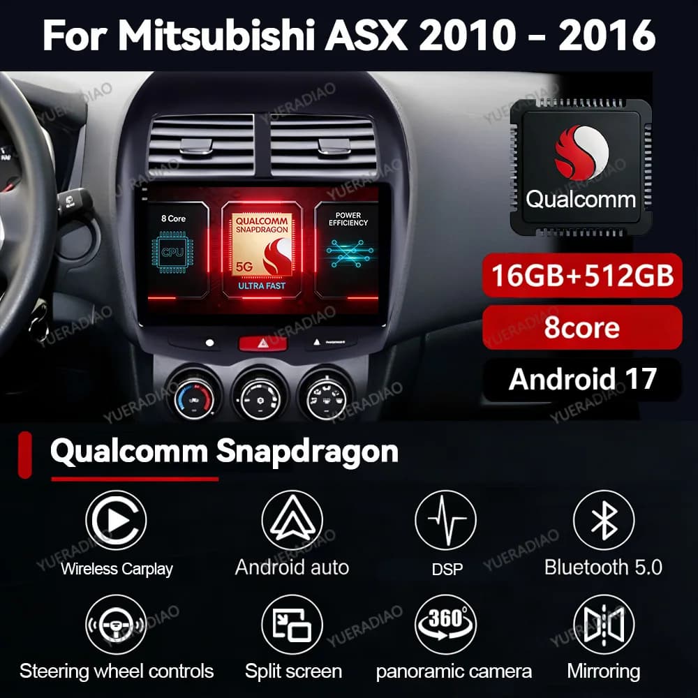 Autoradio Android 17 con Carplay per Mitsubishi ASX 1 2010-2016, Lettore Multimediale Video, GPS, NAVI, 4G, BT
