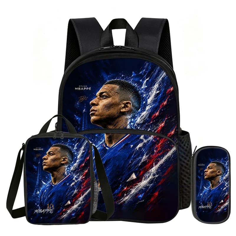 Learn, Travel Football Star School Bag M-Mbappe 3 Pcs set with Front Pocket Backpack Lunch bag, Pencil Case, Sport Rucksack