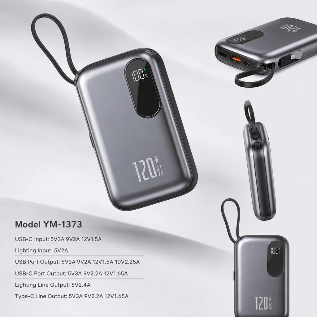20000mAh Power Bank 120W Portable Charger with Built-in USB-C Cable for iPhone 16 15 14 13 Pro Max Xiaomi