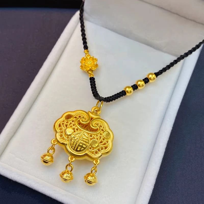 Collana con ciondolo a campana Ruyi portafortuna cinese in vero oro 24K di lusso, simbolo tradizionale per donna