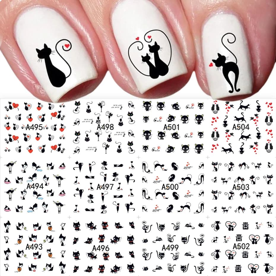 12pcs Black Cat Stickers Nail Decals Love Heart Cartoon Nail Art Water Sliders Tattoo Decorations Valentine Manicure TRA493-504