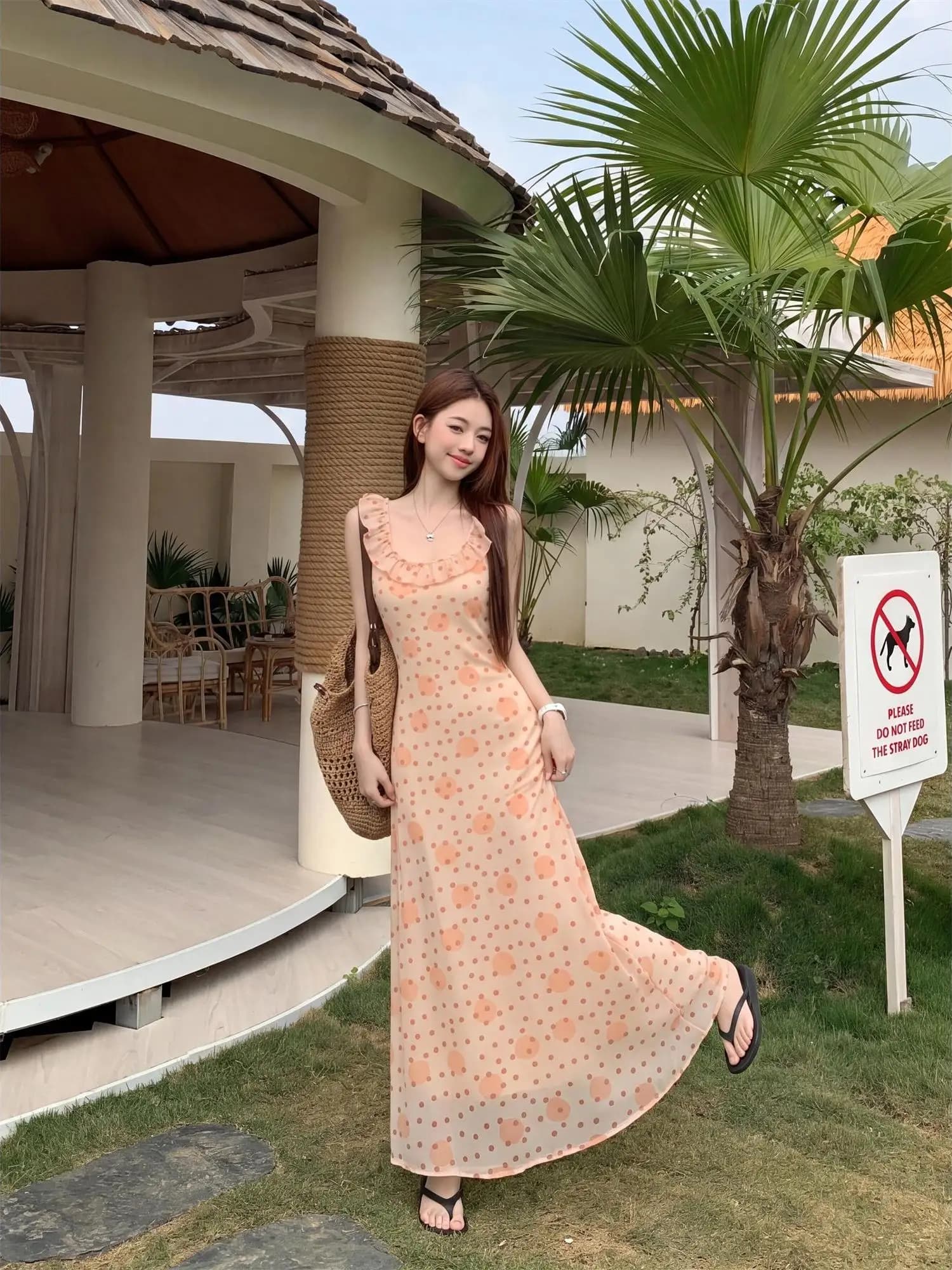 Sweet Holiday Style U-Neck Polka Dot Sleeveless Women's Dress Slimming A-Line Skirt High Waist Breathable Summer New Arrival