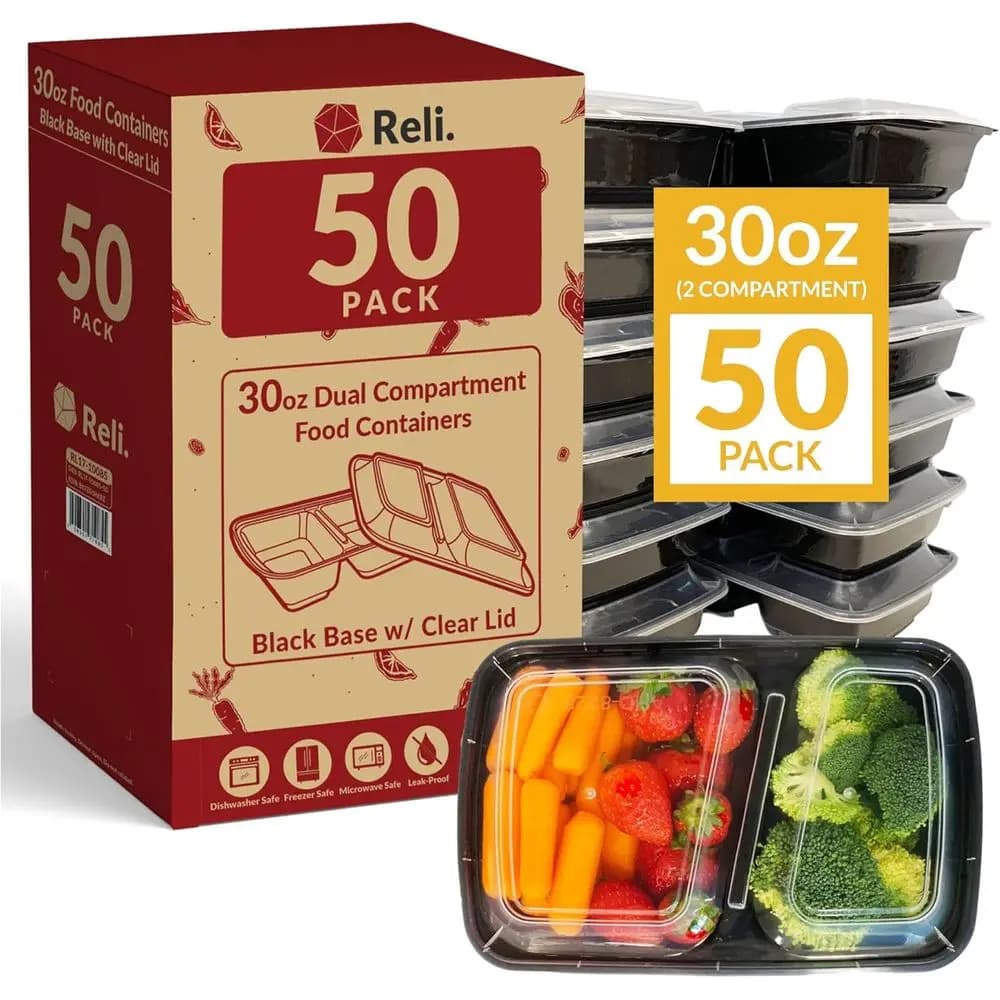 Contenitori per la preparazione dei pasti a 2 sezioni neri da 50 pezzi da 30 once con coperchi, contenitori per il pranzo Bento riutilizzabili per microonde