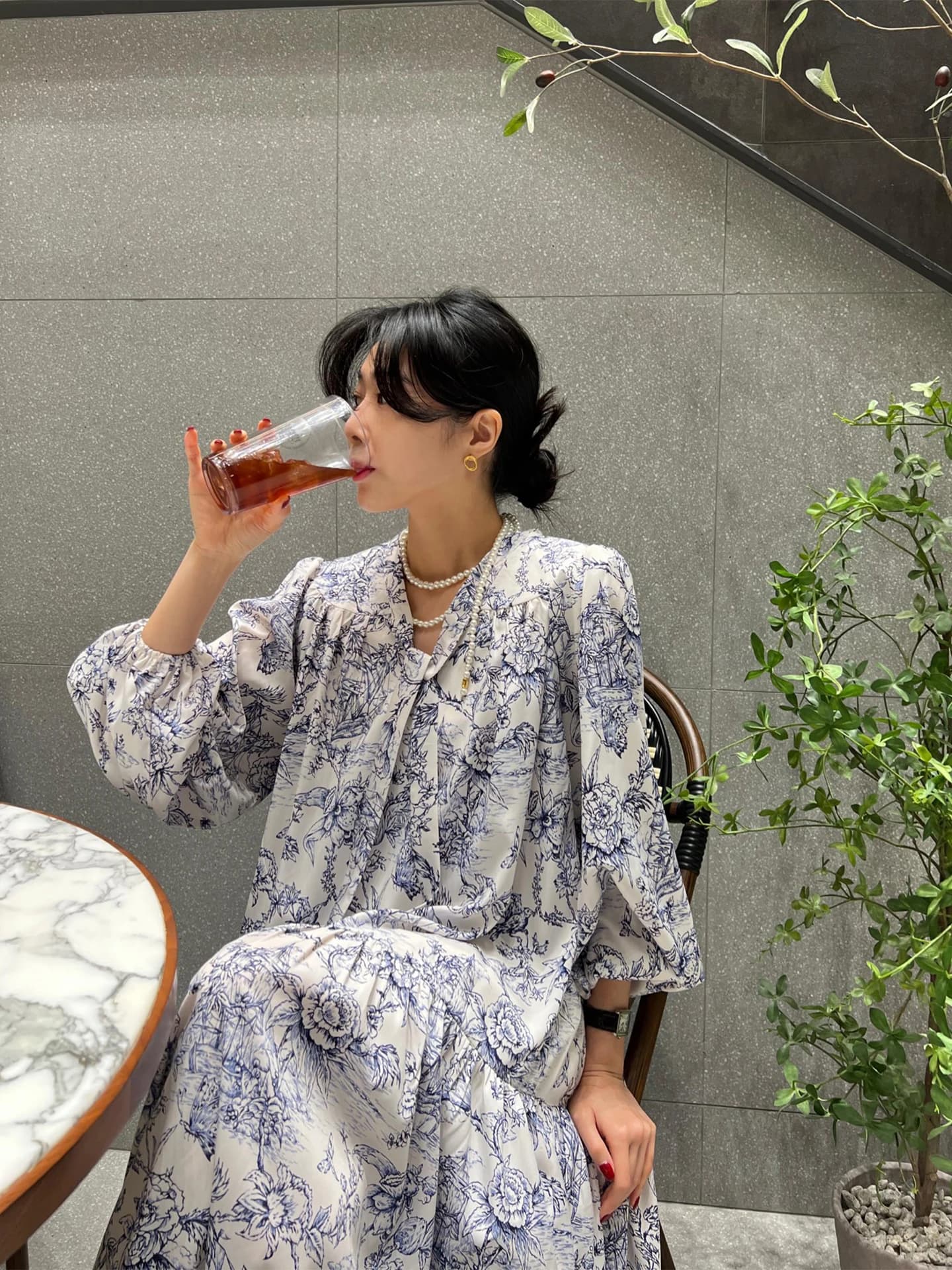Retro Knot Belted Long Bubble Sleeve Dress Women's Loose Fit V-Neck Polyester Spring Autumn Seasonal Casual Dress