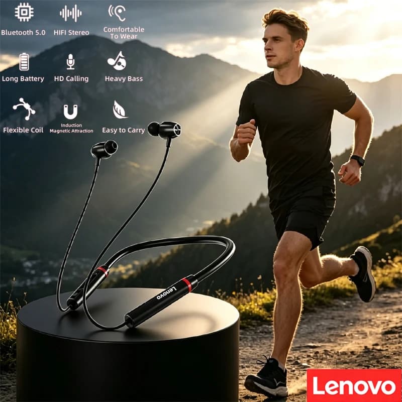 Auricolari wireless originali Lenovo HE05X TWS Bluetooth 5.0 con cancellazione del rumore, cuffie sportive con fascia da collo, impermeabili con microfono