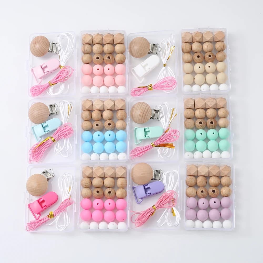 Nuovi clip per catena per ciuccio per bambini Set di accessori per porta capezzoli fai-da-te Perline in silicone Clip in legno Massaggiagengive Giocattolo da masticare