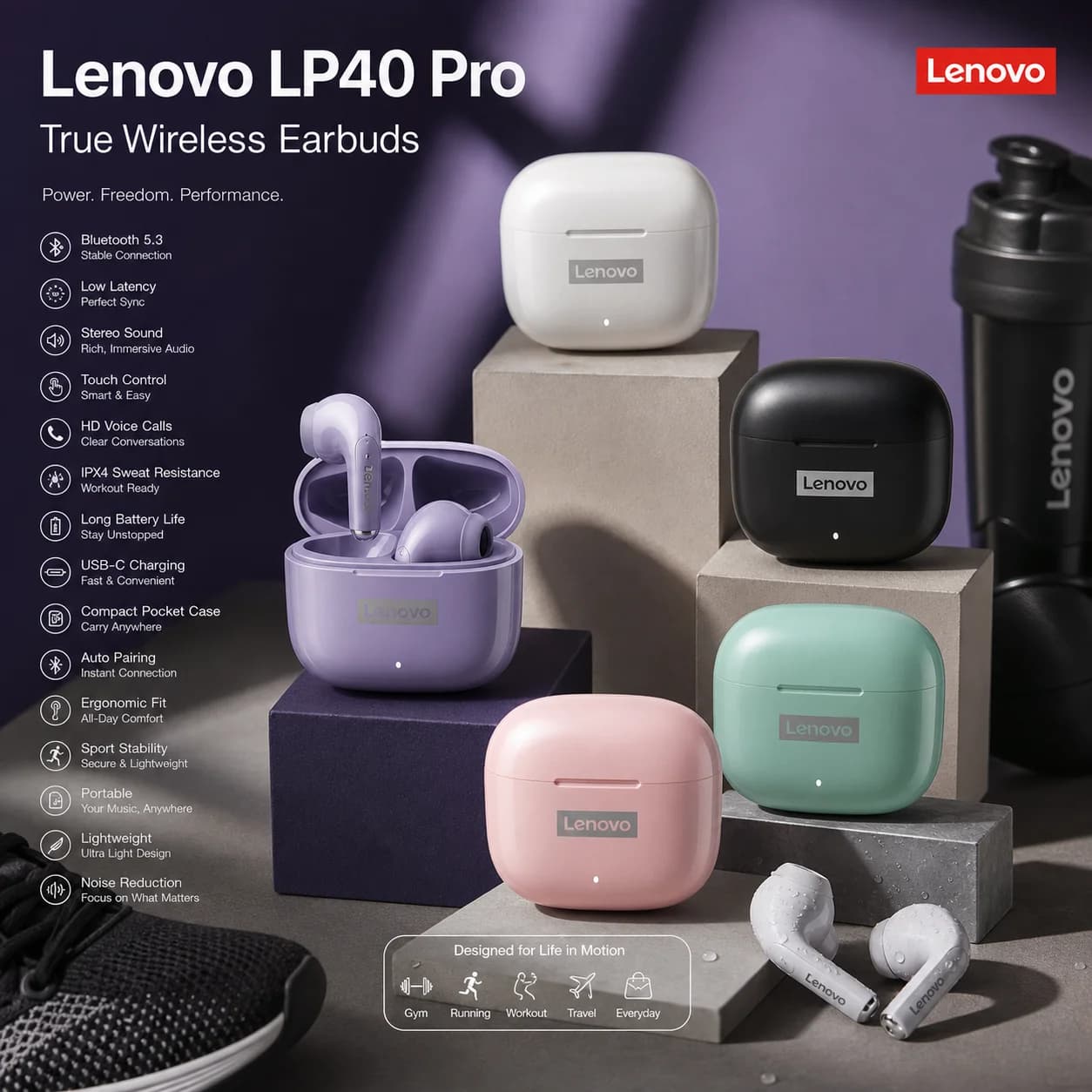 Lenovo LP40 Pro TWS Wireless Earphones Touch Control Gaming Bluetooth Earphones Headphones IPX5 Waterproof Sport Earphone NEW