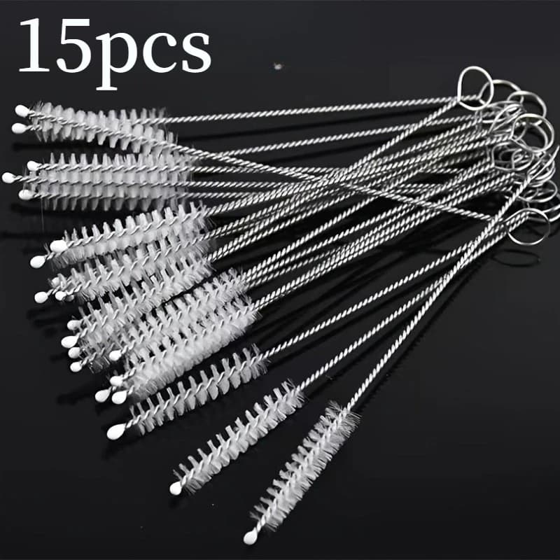 15Pcs stainless steel straw cleaning brush, long handle beverage straw pipe cleaner, essential straw brush for families, pipe brush, nylon spiral test tube brush, soft bristle gap brush guide brush