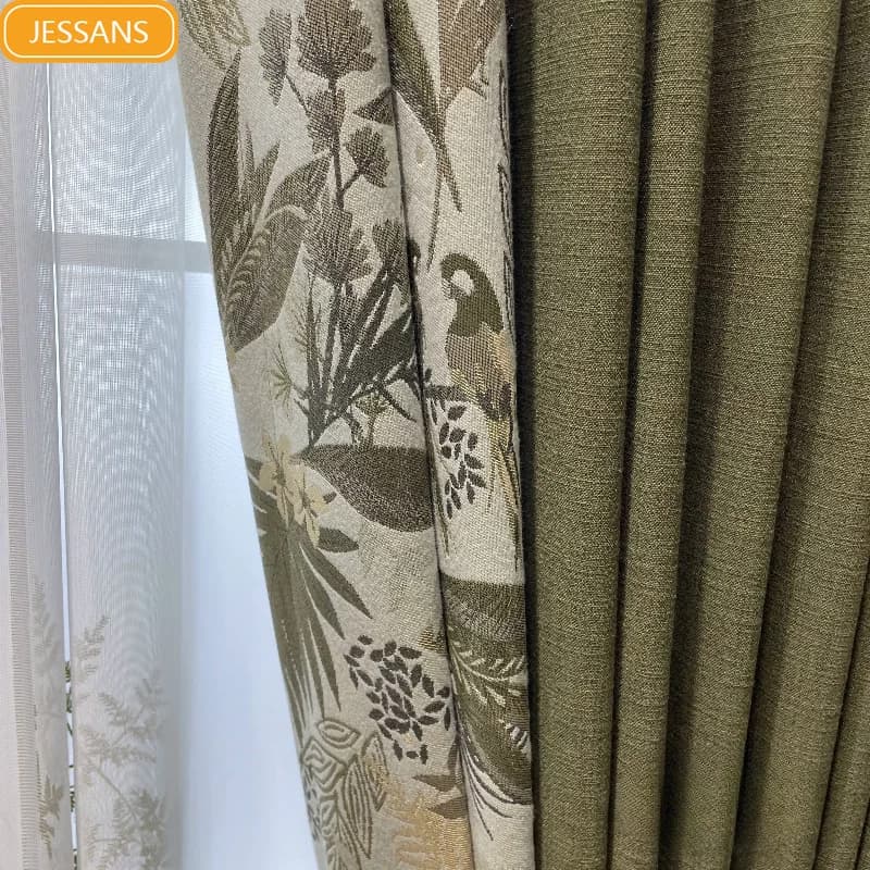 New American Retro Green Patchwork Cotton Linen Blackout Curtains for Living Room Bedroom French Window Customized Products