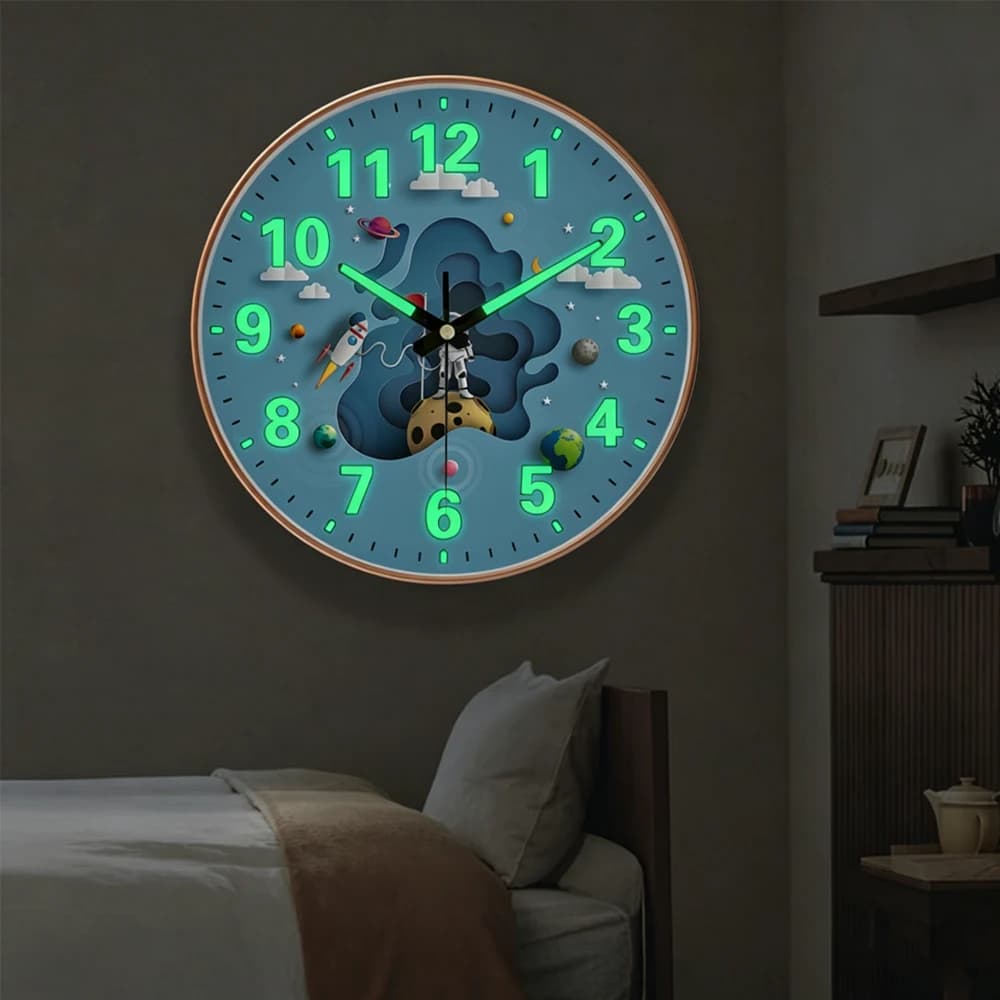 Space Themed Luminous Wall Clock Silent Glow In Dark Numbers Decorative Hanging Clock for Boys Bedroom Nursery Children Room