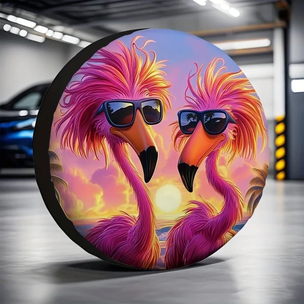 Cool Flamingo Sunglasses Print Spare Tire Cover Durable Polyester for SUV Trailer Truck