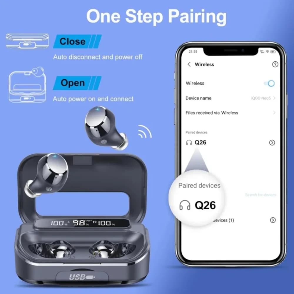 Auricolari In-Ear Q26 TWS, Cuffie Wireless Bluetooth, Auricolari Stereo 9D Impermeabili, Cuffie con Connettore Type-C