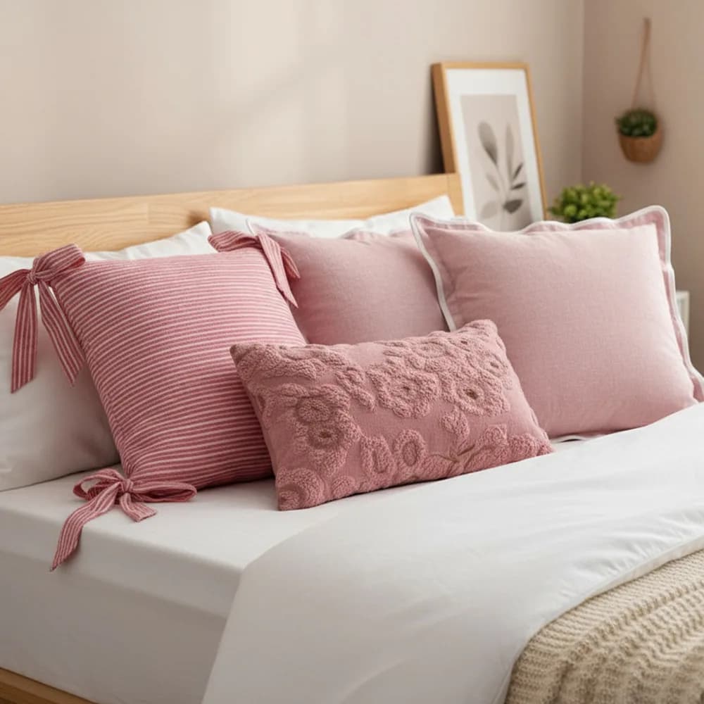 Fodere per cuscini con fiocco rosa, federe decorative con motivo geometrico con nappe per divano, divano, camera da letto, soggiorno