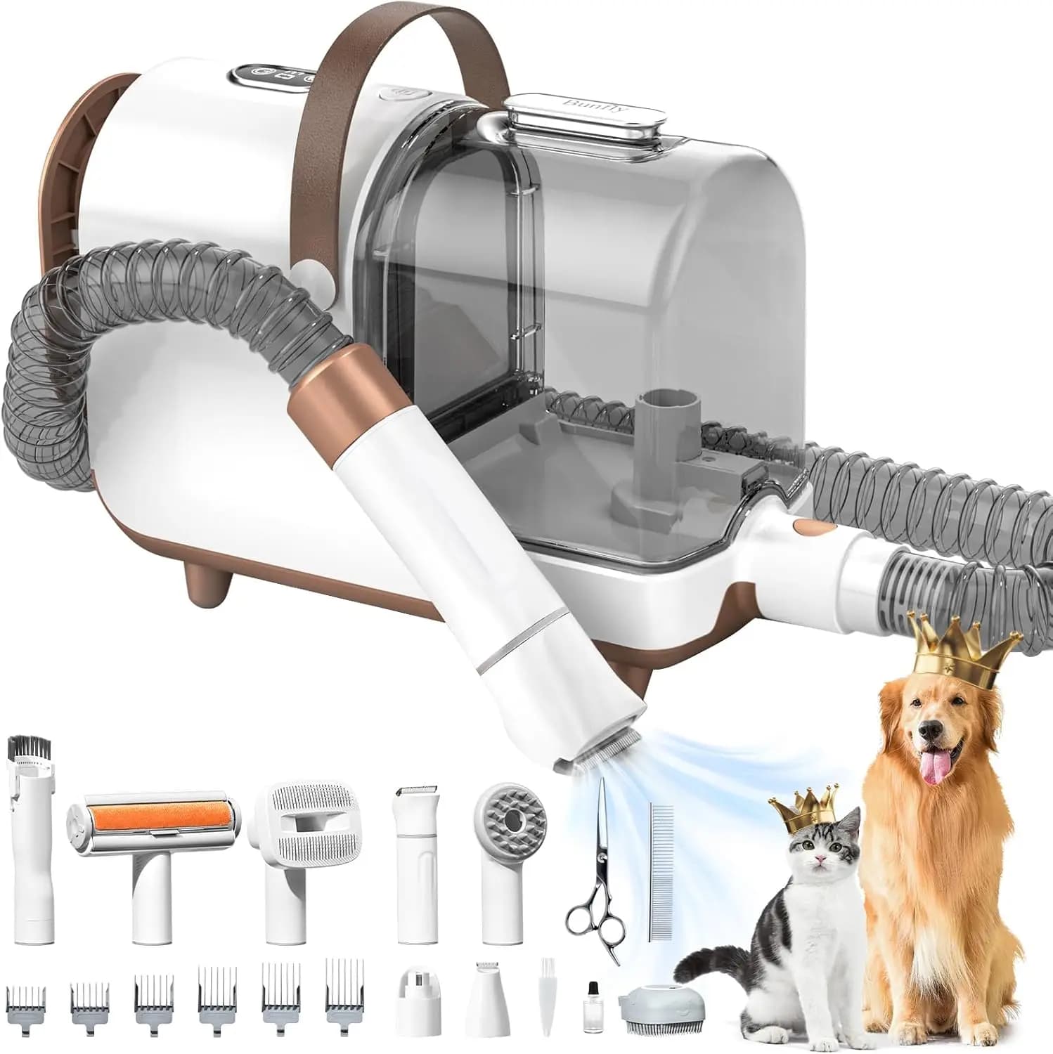 Aspirapolvere per Toelettatura Animali Domestici da 3L, 13.000Pa di Aspirazione, 16 Accessori per Cani e Gatti - Marrone