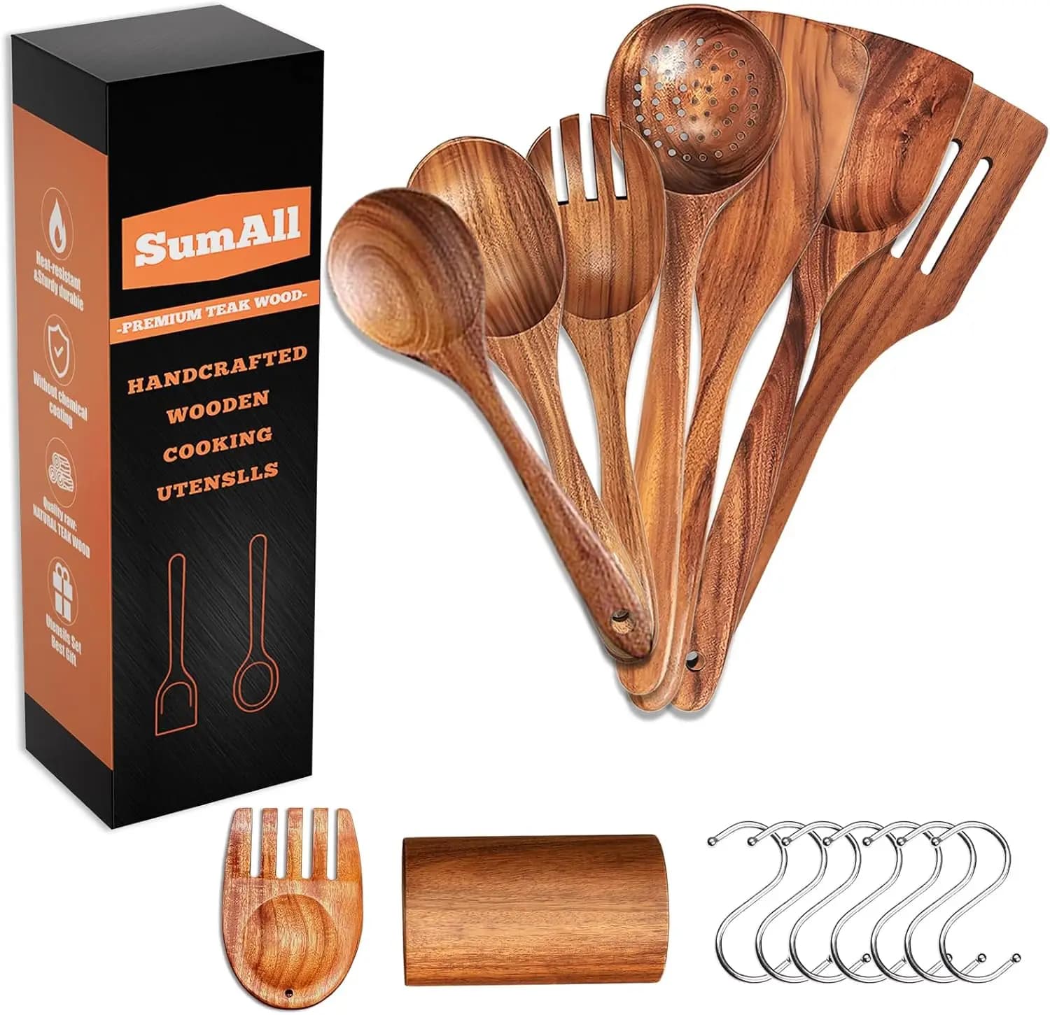 Set of 9 teak wood kitchen utensils with hooks, spoons with comfortable grip for non-stick cookware, easy to clean kitchen utensils