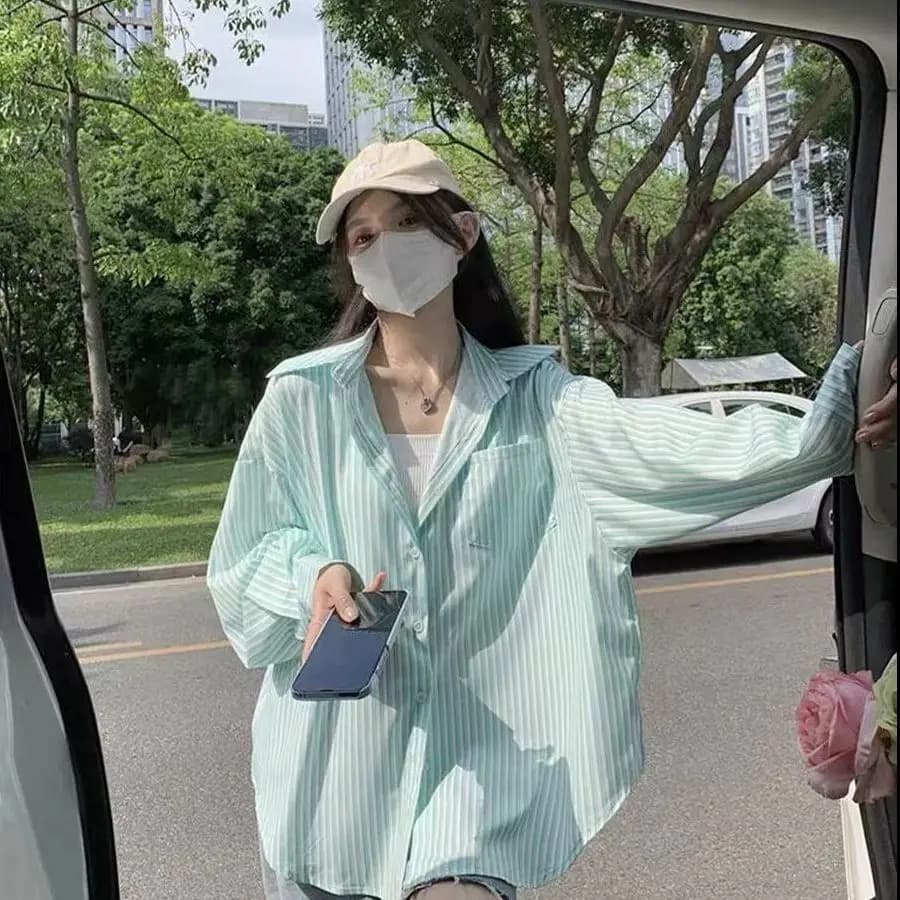 Korean Shirt in Righe Verdi e Blu da Donna Primavera Estate 2026, Blusa Larga in Maniche Lunghe con Bottoni, Top Protective Solar