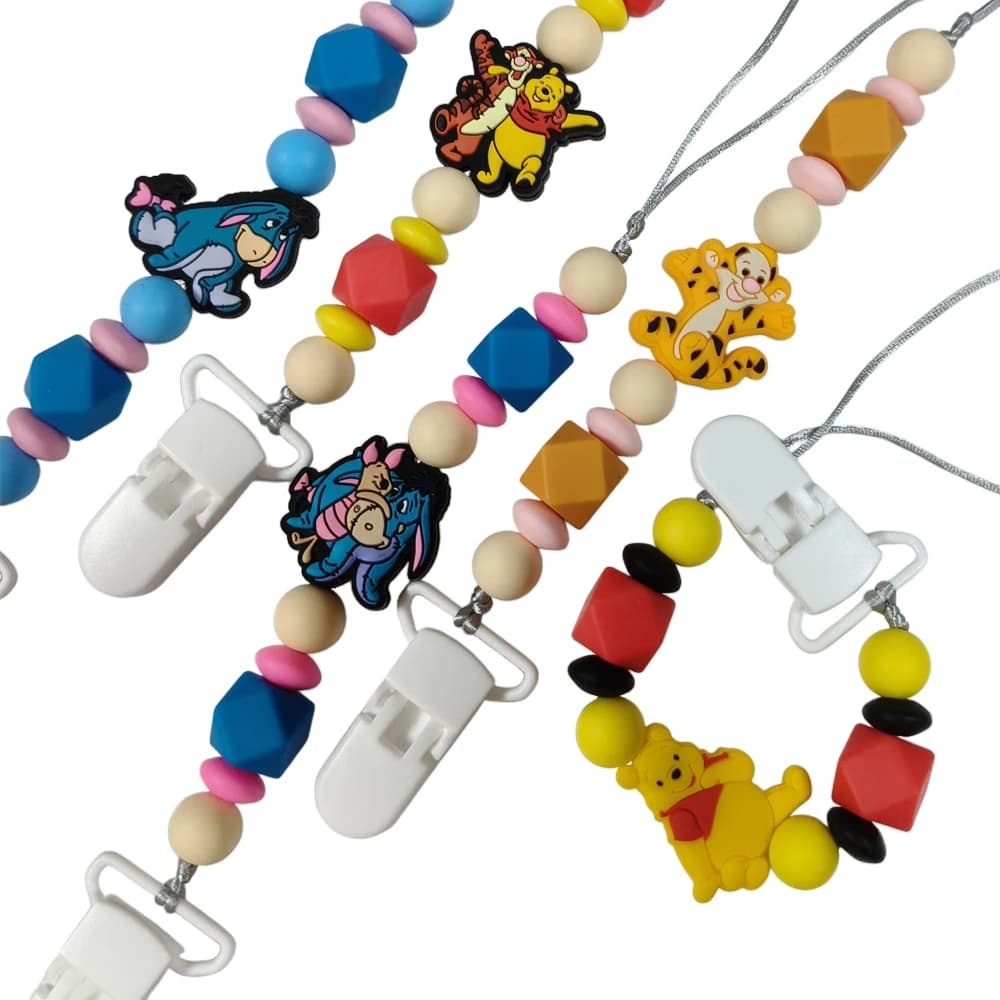 1PCS Winnie the pooh Tigger Eeyore Piglet Silicone focal bead baby Pacifier Chain Clips Dummy Nipples Holder Teething Chain