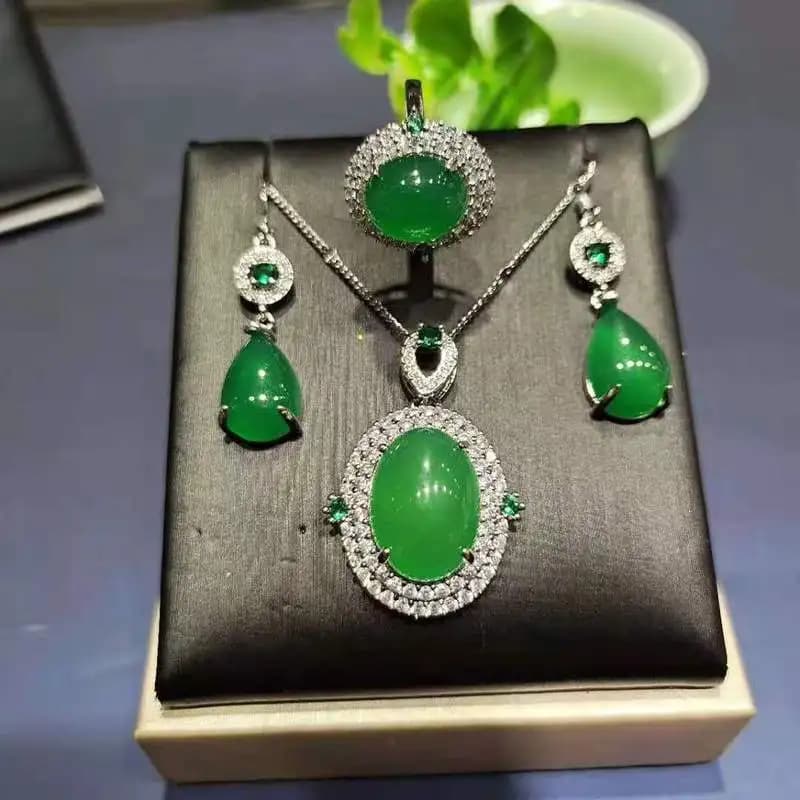 Chalcedony Drop Pendant Women, Green Agate Set, 925, Fashionable And Versatile