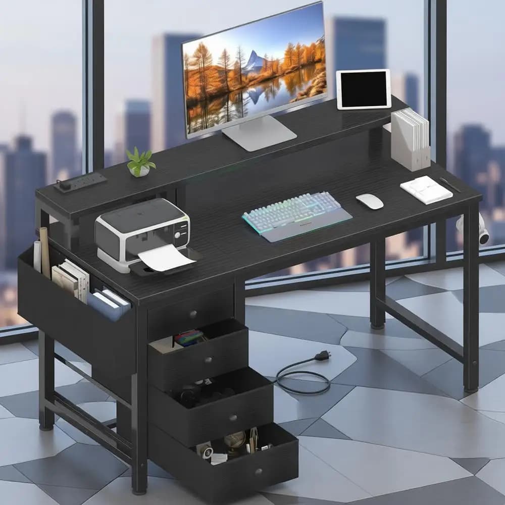 Computer desk with LED illuminated current socket, home office desk with 47 fabric drawers with monitor support, black